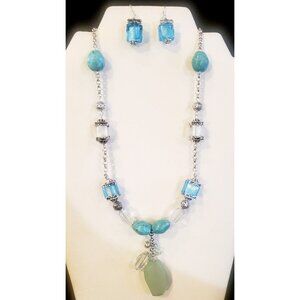 Silver Tone Multi Color Beaded Rhinestone Necklace And Earrings Set